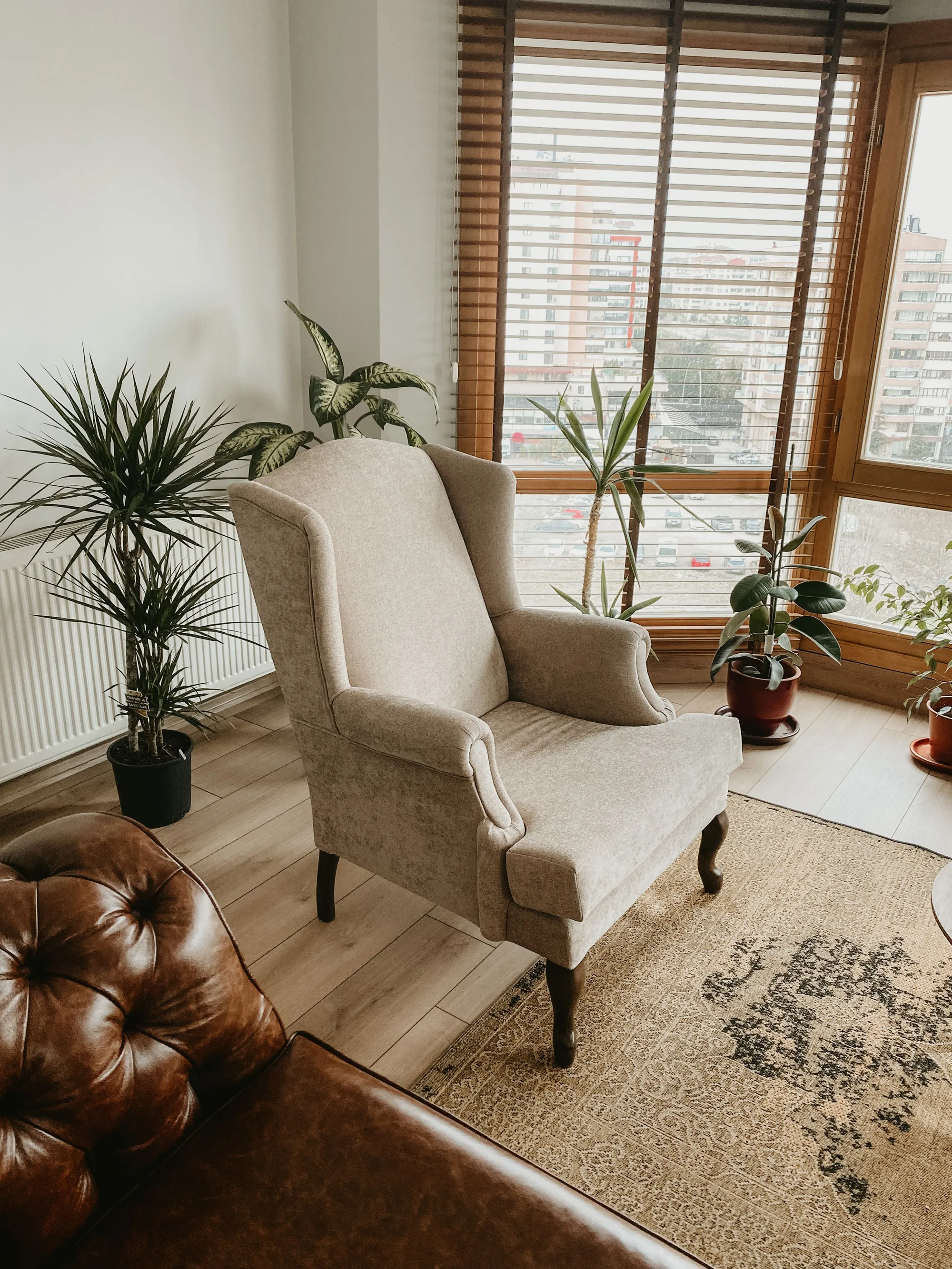 An empty cream wingback armchair in a sunny living-room corner surrounded by potted plants
